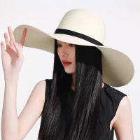 Sombrero De Sol Para Mujer Y Hombre Color Sólido De Moda Con Rhinestone 14cm Grande Paja Resistente Al Sol Plegable Para Playa Y Viajes - details 3