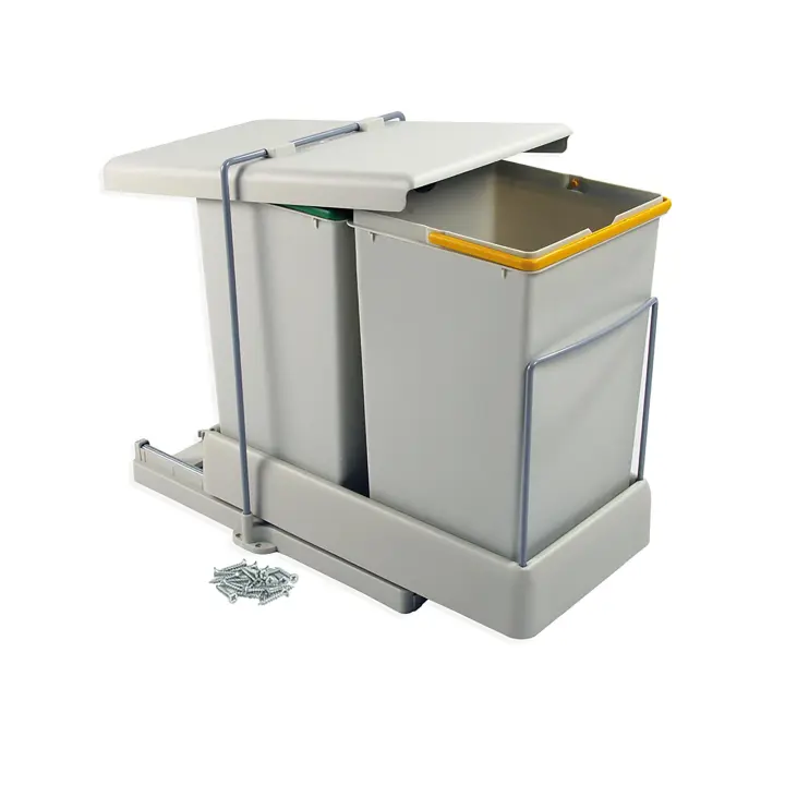 Contenedor de reciclaje para fijación inferior y extracción automática en mueble de cocina 2x14litros, plástico gris - 1