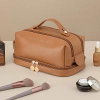 Bolsa de cosméticos de gran capacidad, bolsa de maquillaje de viaje de doble capa, bolsa de aseo portátil e impermeable para mujeres y niñas, Brown - details 1