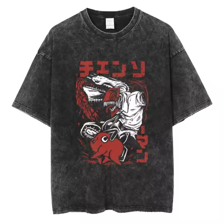 Camiseta De Manga Corta Para Hombre Estilo Hip Hop Vintage Washed En Color Negro Con Estampado De Cadena Anime Camiseta Casual Para Todas Las Estaciones - 1