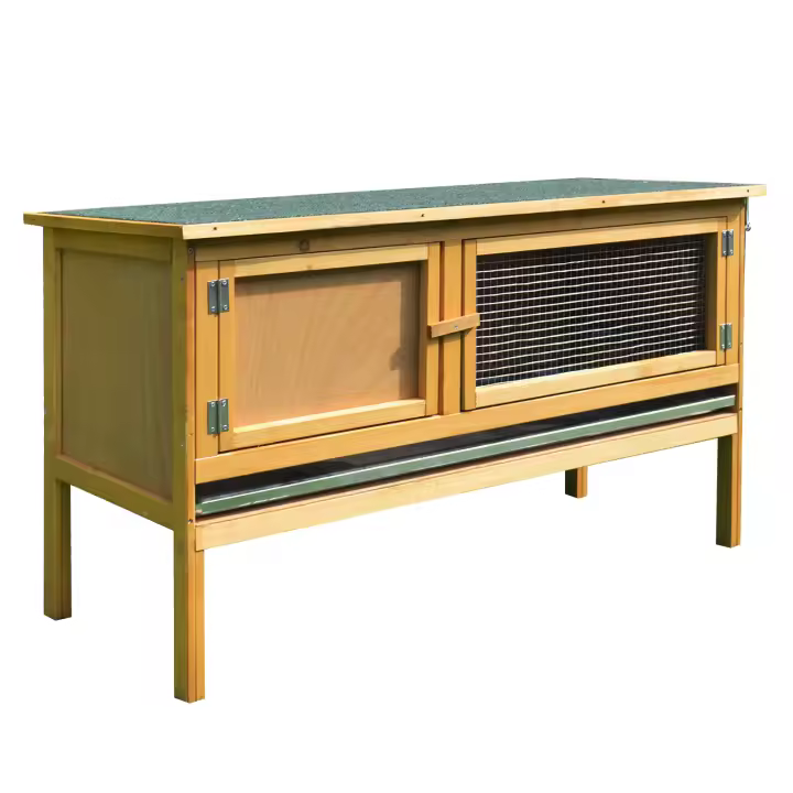 PawHut Jaula para conejos para exteriores, 2 puertas, patas elevadas, bandeja deslizante extraíble en la parte inferior, madera maciza, 115 x 44,3 x 65 cm, color amarillo claro - 1