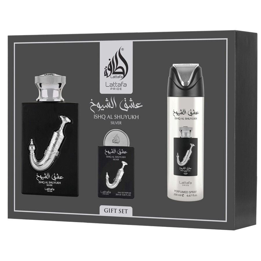 Lattafa Pride Ishq Al Shuyukh Silver SET DE REGALO ( Eau de parfum 100 Ml Eau de parfum 30 Ml Desodorante en spray 200 Ml Atomizador de viaje )   ***NOVEDAD***
