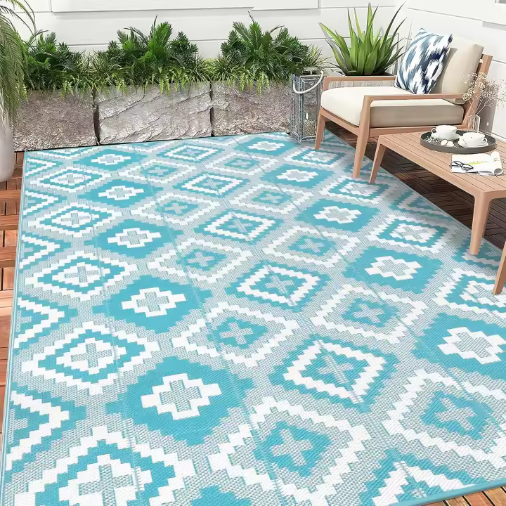 Alfombra grande de exterior de 180 x 270 cm, reversible, tejida de plástico, impermeable, para jardín, caravana, patio, porche, picnic, playa, remolque, barbacoa, negro y gris - 1
