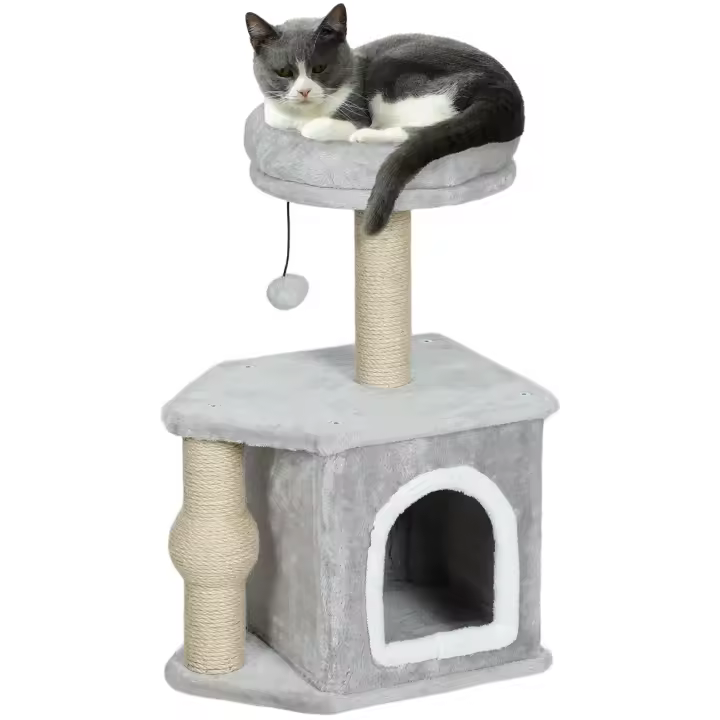 PawHut Árbol para gatos, torre de juegos para gatos, 26" de alto, con postes rascadores de yute, cama para gatos, plataforma, pelota de juego, gris claro - 1