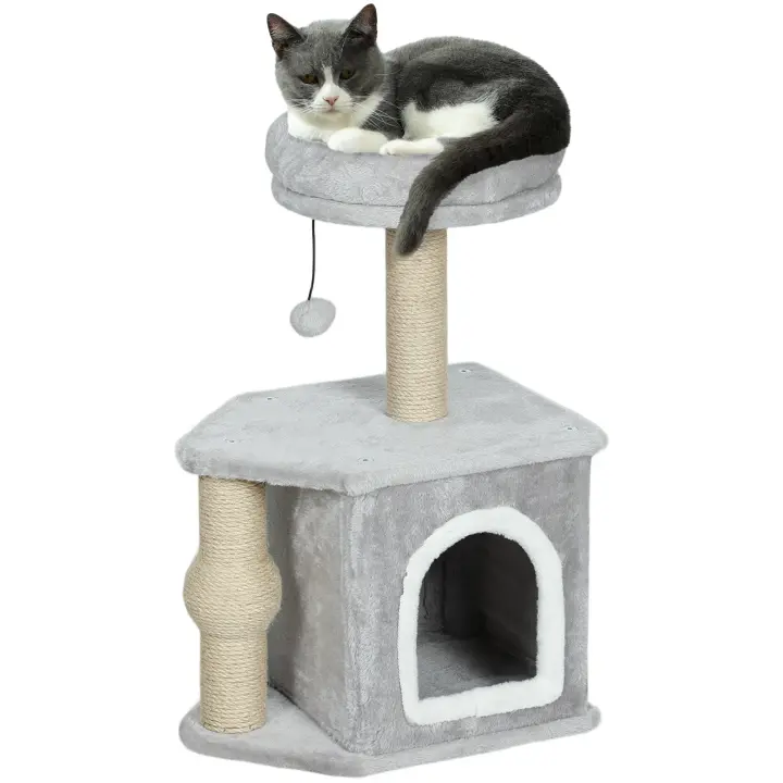 PawHut Árbol para gatos, torre de juegos para gatos, 26" de alto, con postes rascadores de yute, cama para gatos, plataforma, pelota de juego, gris claro - 1