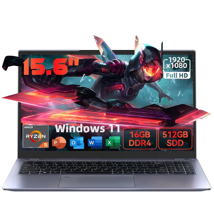VANWIN Portátil IPS de 15,6 pulgadas y 1920x1080 píxeles, AMD Ryzen 5 5500U, hasta 4,0 GHz, 16 GB de RAM, 512 SSD, WiFi5, Bluetooth 5,0, teclado retroiluminado, desbloqueo por Huella digital, encendido/apagado en 170 °, Tipo-C, HDMI, 2USB 3,2 con PAL - 1