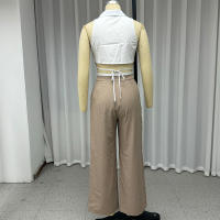 Conjunto De Dos Piezas Para Mujer Wefads Estilo Casual Sencillo Sin Mangas Cuello En V Botones Con Cordón Pantalones Rectos Abiertos En La Cintura - details 3