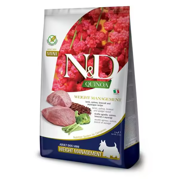 FARMINA N&D DOG QUINOA WEIGHT MANAGEMENT CORDERO MINI 2,5KG / alimento dietético completo para perros para la reducción del peso corporal excesivo - 1