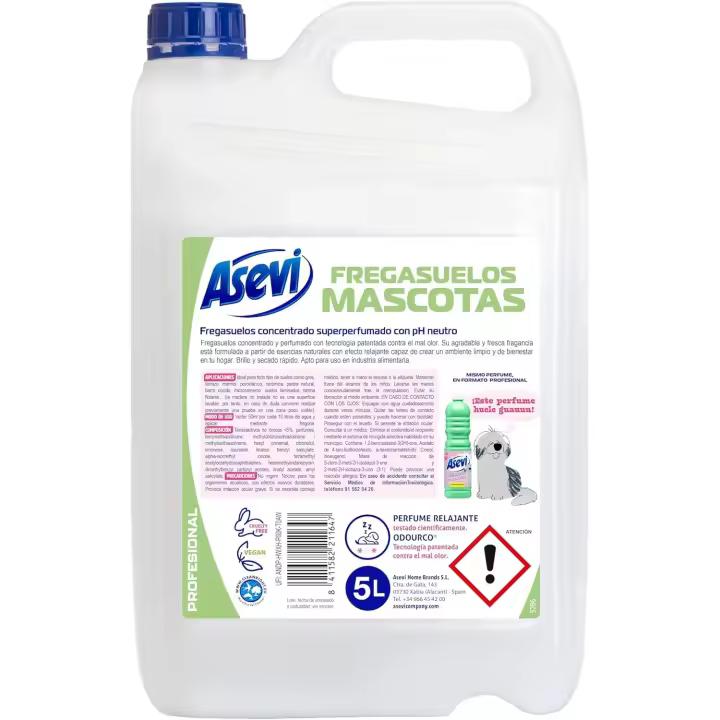 Asevi - Fregasuelos Mascotas Concentrado con Tecnología Patentada contra el Mal Olor - Limpiasuelos Perfumado con PH Neutro para Todo Tipo de Suelos - Formato Profesional 5 Litros - 1