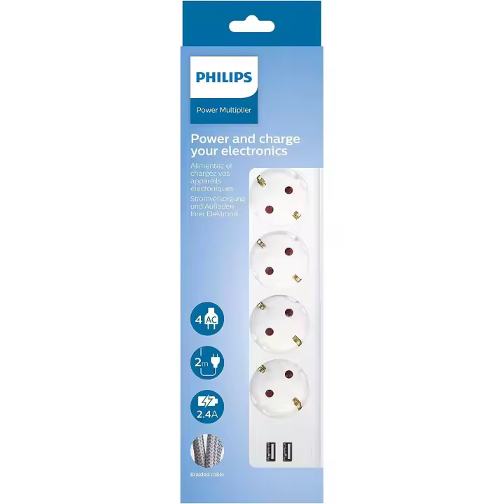 Philips Regleta de 4 enchufes SPN3042WA, 230 V, con USB, Color Blanco - 1