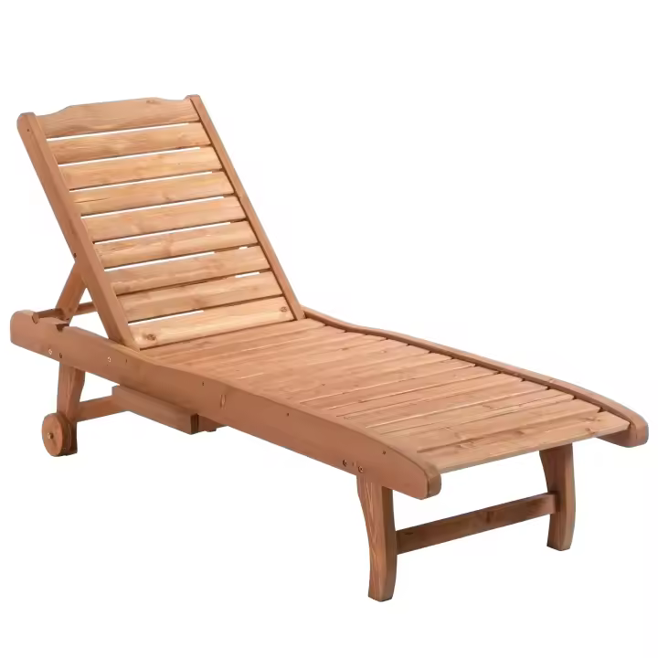 Outsunny Tumbona de Madera Exterior Silla Reclinable de Jardín con 2 Ruedas Respaldo Ajustable en 3 Niveles y 1 Bandeja Carga 130 kg para Terraza Patio Natural - 1