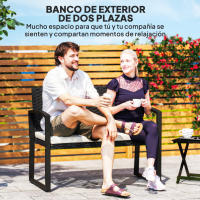 Outsunny Banco de Jardín de Ratán Sintético de 2 Plazas Banco de Exterior con Cojín y Reposabrazos Carga 240 kg para Terraza Patio 103x58x78 cm Negro y Beige - details 3