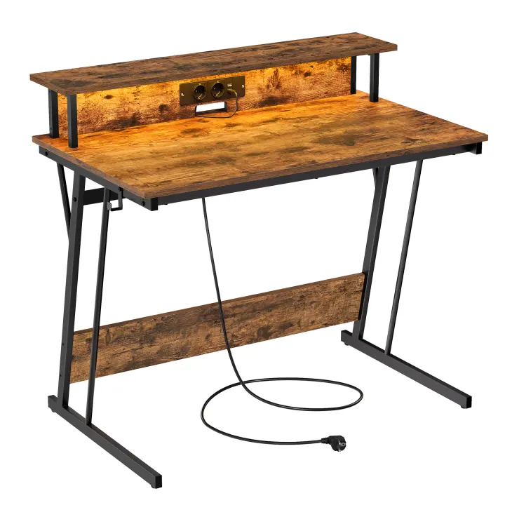 VASAGLE Escritorio para Juegos con Luces LED y Tomas de Corriente Incorporadas, Escritorio con Estante para 2 Monitores, Mesa para Oficina Dormitorio, 60 x 100 x 76 cm, Negro Carbón/Marrón Rústico - 1