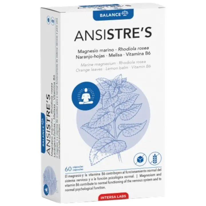 Ansistres 60 cápsulas Intersa Labs, Funcionamiento normal del Sistema Nervioso, Salud y bienestar emocional, Ayuda contra el Estrés, Ansiedad y Nerviosismo, Función psicológica normal. Alegría y Vitalidad. Relajación - 1