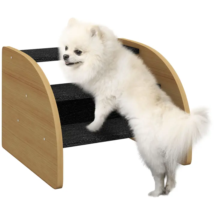 PawHut Escaleras para Perros de 3 Peldaños, Escaleras para Mascotas con Pared Lateral, Rampa para Perros pequeños de hasta 10 kg, Escaleras para Gatos para sofá, Cama, Antideslizante, Roble - 1