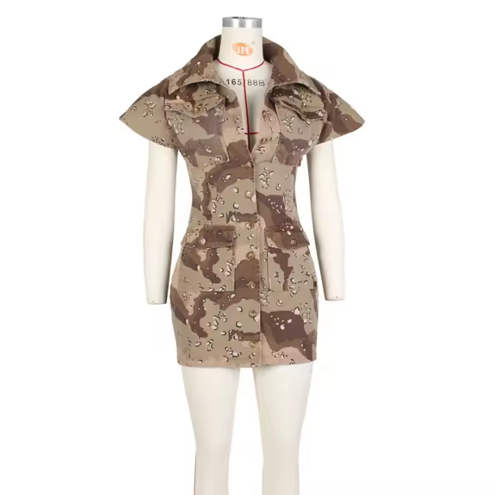 Vestido Bodycon De Camuflaje Para Mujer Estilo Harajuku Con Bolsillos Cuello Enrollado Y Botones Solos Vestido De Moda De Pierna Larga Para Fiesta Club Uso Diario - 1