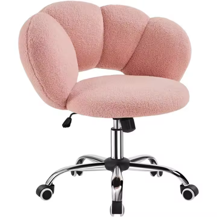 Silla de Escritorio Silla de Oficina Ergonómica sin Brazos Tapizada Rosa con Ruedas Giratorias Respaldo Diseño Nube en Tejido Bouclé Altura Ajustable - 1