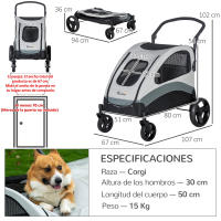 PawHut Cochecito para Perros Plegable Carrito para Mascotas con 5 Ventanas 2 Puertas Bolsillo de Almacenaje Correas de Seguridad y Frenos Tela Oxford 300D Acero 107x67x102 cm Gris - details 2