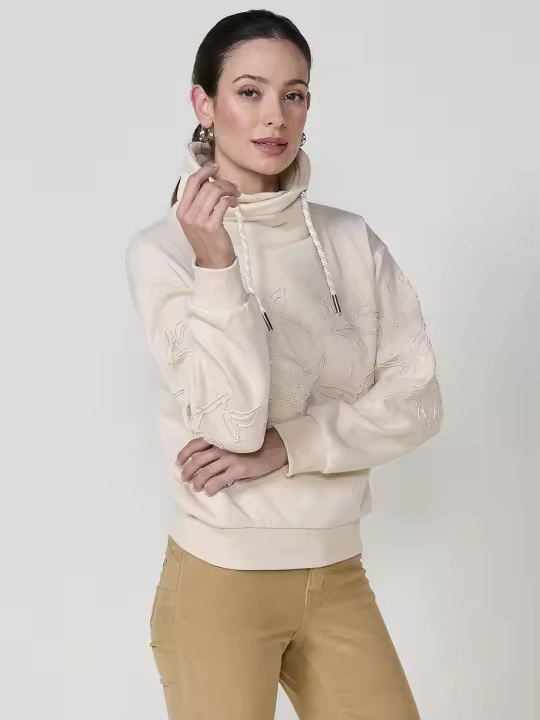 Koroshi - Sudadera mujer cuello alto ajustable con bordado floral en mini cordón, tejido doble cara exterior felpa e interior polar crudo - 1