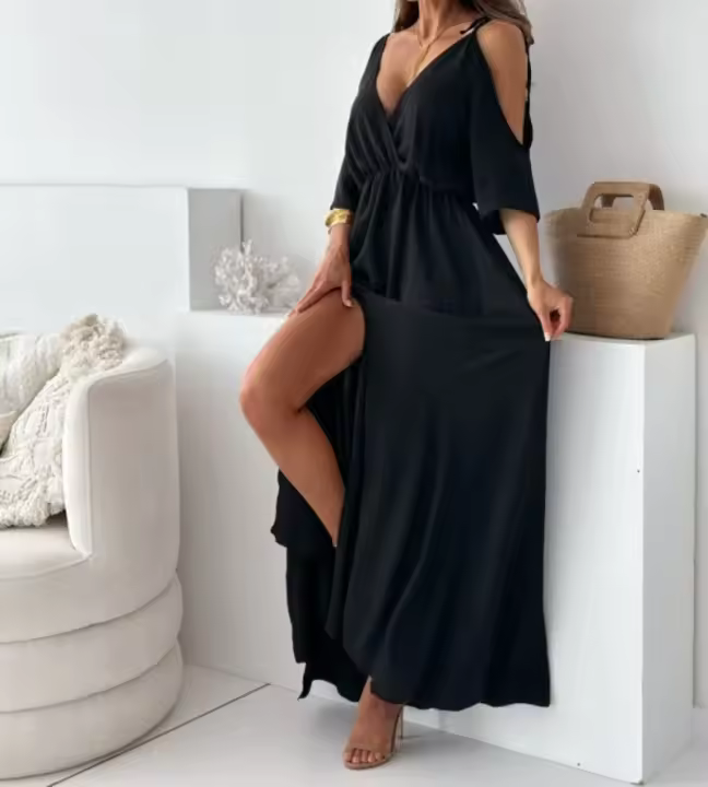 Vestido De Mujer Verano Moda Casual Hombros Descubiertos Cuello En V Color Sólido Ajustado Corte Asimétrico Largo Hasta El Tobillo - 1