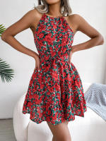 Vestido De Verano Casual Para Mujer Con Estampado Floral Y Volantes Estilo Halter Largo Mini Polyester Slim Fit Y Flare - details 8