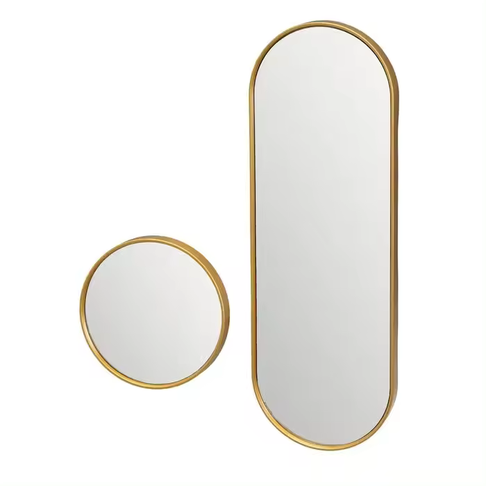 MIRAMAX-Set 2 espejos pared para vestidor marco dorado. redondo 21cm y un espejo ovalado 62cm x21cm  ideales para combinar en cualquier estancia de la casa. - 1