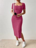 Vestido De Punto Midi Cuello Cuadrado Ajustado En La Cintura Con Abertura Para Mujer Versátil Para Todo El Año Vestido De Oficina - details 8