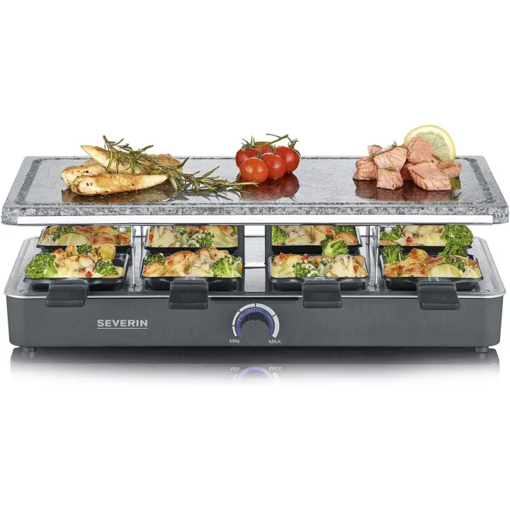 SEVERIN - Raclette, grill y parrilla eléctrica con piedra natural, parilla de mesa con plancha reversible, raclette para 8 personas, sartenes antiadherentes, 56.5x25x14.5 cm, negro, 1400 W, RG 2372 - 1