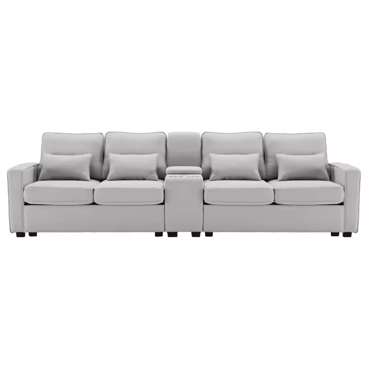 Sofá Moderno 4 Plazas Nordic Style | Lino Ecológico | Consola Integrada + 2 Portavazas + 2 Puertos USB QC3.0 | Diseño Multifunctional | Ideal para Salones Grandes y Familias | Neutral Color - 1