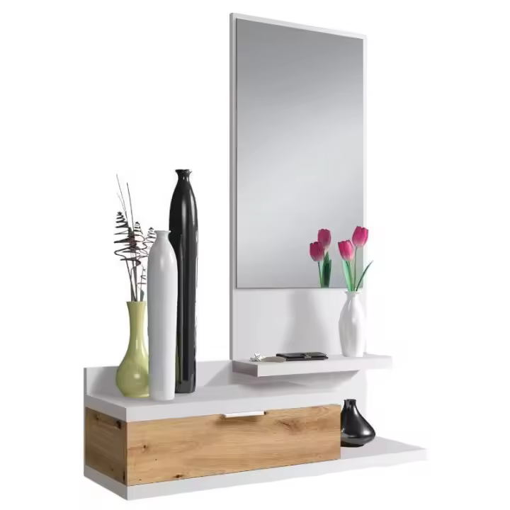 Miroytengo Recibidor Dalhia 1 espejo 1 cajón entrada color blanco Artik y roble Nodi estilo moderno mueble 116x81x29 cm - 1