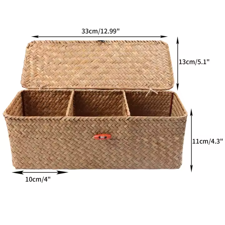 Cesta De Almacenamiento Tejida a Mano Con Tapa Para Ropa Y Polvo Caja Rectangular Organizador De Sundries Con 3 Secciones - 1