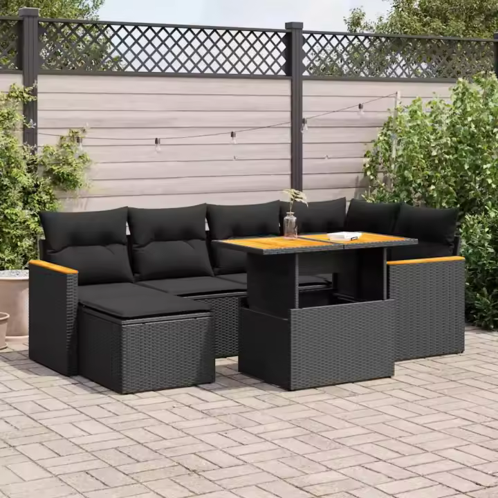 vidaXL Set sofás jardín y cojines 7 pzas ratán sintético acacia negro - 1