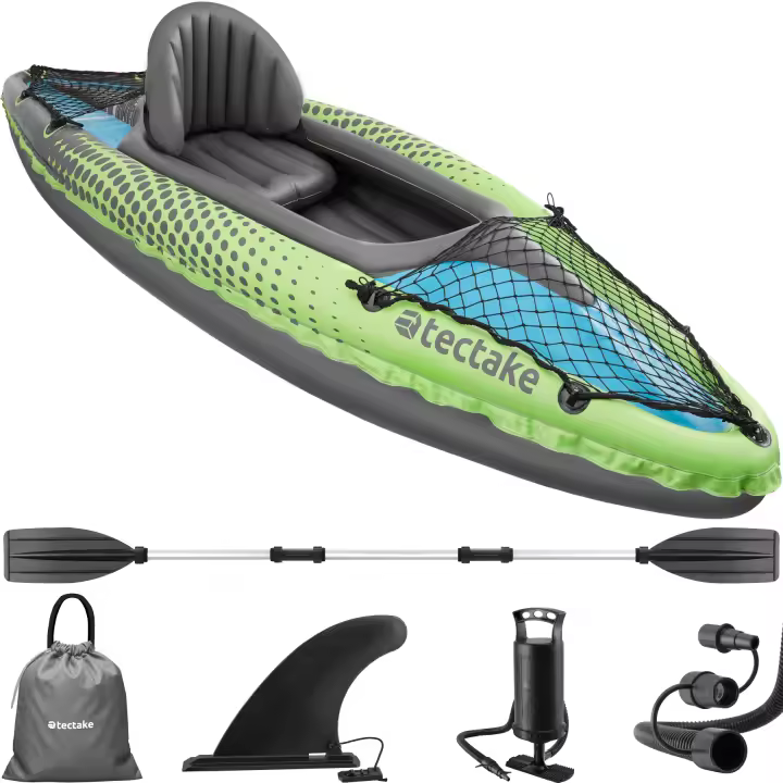 Tectake - Kayak individual o doble Liberty, Robusto y ligero, Asiento desmontable, Doble remo y doble bomba de inflado, Kayak Inflable, Barca hinchable, Kayak pesca, Quillas acoplables, Redes portaequipaje, Bolsa de transporte, Gran capacidad de carga - 1