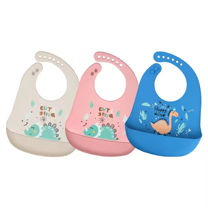 PORCHEDDU Baberos impermeables para Bebé, babero ajustable de silicona con estampado de dinosaurio de dibujos animados, material de alimentación para Bebé, 1 piezas - 1