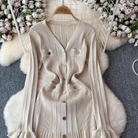 YuooMuoo Vestido Maxi Tejido Otoño Invierno Mujer Elegante V-cuello Botones Cintura Delgada Volantes Suéter Vestido Fiesta - details 8