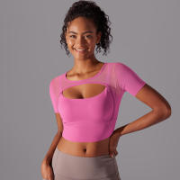 Camiseta de manga corta para Yoga, Top Sexy de Doble Capa, ropa de Malla empalmada, Sujetador Deportivo para correr y Fitness, Color sólido, Mujer - details 15