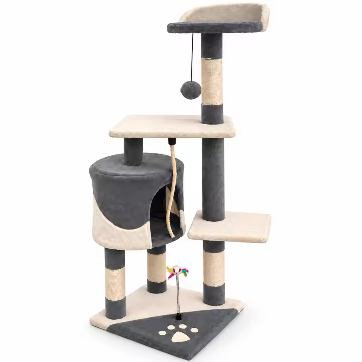 COTTECOTA-Árbol rascador para Gatos Altura 60*56.5*111.5cm Árbol para Gatos Azul Marrón Beige Torre Arbol de Escalada de Múltiples Niveles con Cueva Espaciosa Postes Rascadores de Sisal 40452,40438 - 1