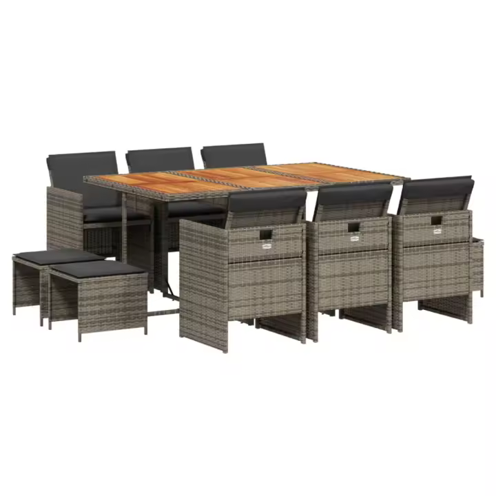 vidaXL Set de comedor de jardín 11 pzas y cojines ratán sintético gris - 1