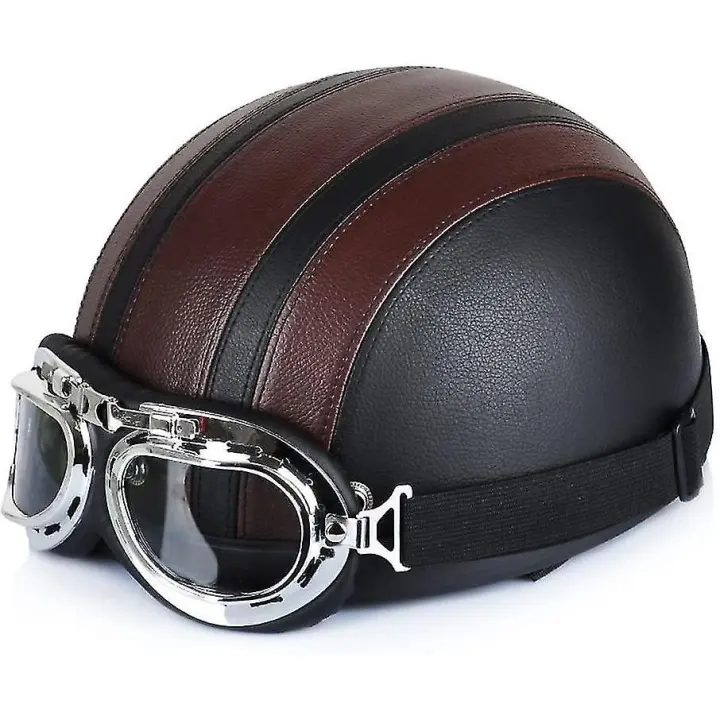 Moto scooter Abierto de Media Cara casco de cuero con Gafas anti-UV estilo Retro Vintage 54-60cm - 1