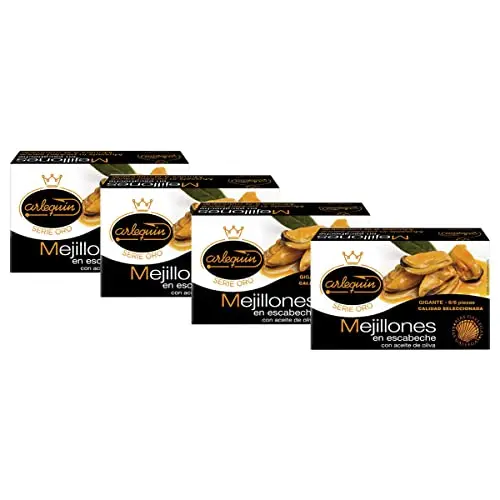 ARLEQUIN Serie Oro Mejillón de las Rias Gallegas en Escabeche, Pack de 4 Latas de 120 grs. y 6/8 Unds (480 grs. y 24/32 Unds) - 1