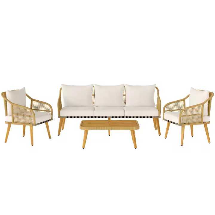 Outsunny Conjunto Jardín Exterior de Ratán con Cojines Conjunto Terraza Resistente a la Intemperie Muebles Jardín Exterior con 2 Sillones Sofá de 3 Plazas Mesa Patas de Madera de Acacia Natural - 1