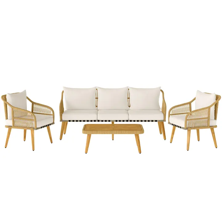Outsunny Conjunto Jardín Exterior de Ratán con Cojines Conjunto Terraza Resistente a la Intemperie Muebles Jardín Exterior con 2 Sillones Sofá de 3 Plazas Mesa Patas de Madera de Acacia Natural - 1
