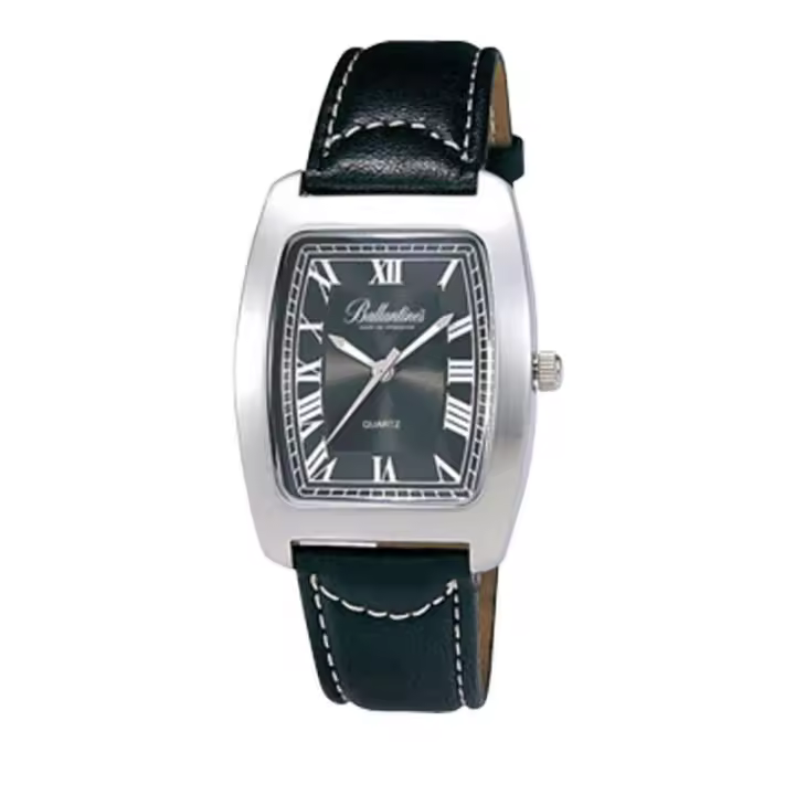 Reloj de pulsera unisex con números romanos y esfera negra, con pulsera de cuero negro y estuche metálico - 1