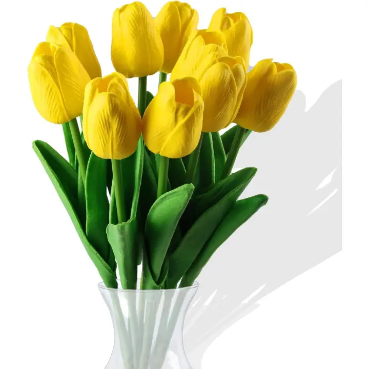 10 flores artificiales de tulipán, flores artificiales, ramo de flores falsas de seda de tulipán de tacto real para decoración de fiesta en el jardín del hogar (amarillo) - 1