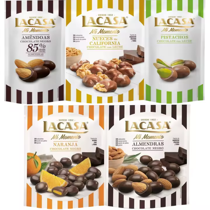 Lacasa Mi Momento pack de 5:Pistacho Chocolate Leche,Almendra 85% ,Nueces Chocolate Leche ,Almendra Chocolate Negro ,Naranja Chocolate Negro - 1