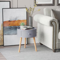 HOMCOM Mesita de Noche con 1 Cajón Mesa Auxiliar Redonda con Borde Elevado y 3 Patas de Madera para Dormitorio Sala de Estar Estilo de Moderno Ø38x45 cm Gris - details 1