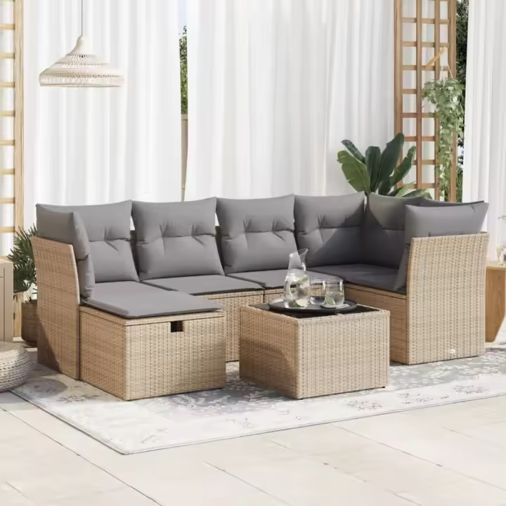 vidaXL Set sofás de jardín 7 piezas y cojines ratán sintético beige - 1