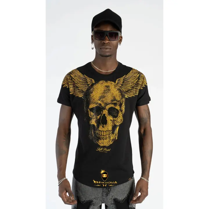 Camiseta Left Point Negra Pedrería Brillante Calavera Con Alas Doradas - 1