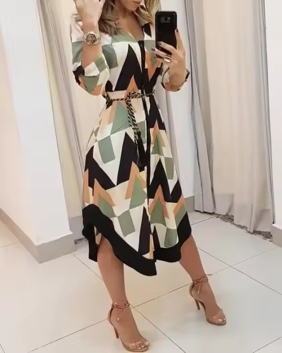 Vestido Liso Con Estampado Clásico De Rayas Blusa Y Vestido Casual Elegante Cuello V Manga Regular Polyester Midi Adecuado Para Mujer - 1