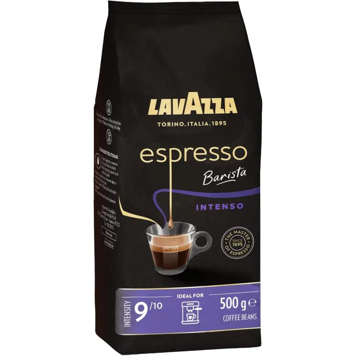 Lavazza Espresso Barista Intenso,  500g Café en Grano Tostado, Ideal para Máquina de Café Espresso o Superautomática, Con Notas Aromáticas de Cacao y Madera, Intensidad 9/10, Tueste Medio - 1